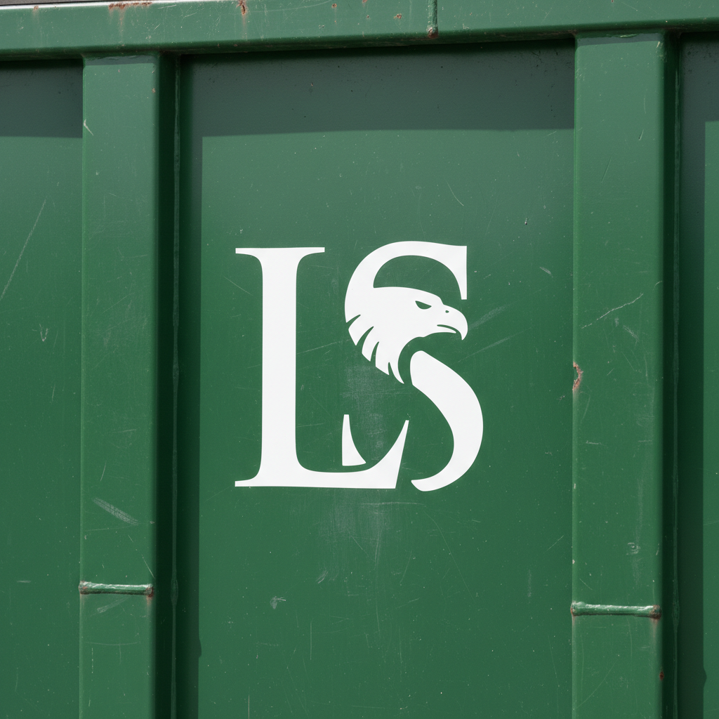 Close-up of Living Stream branded green dumpster