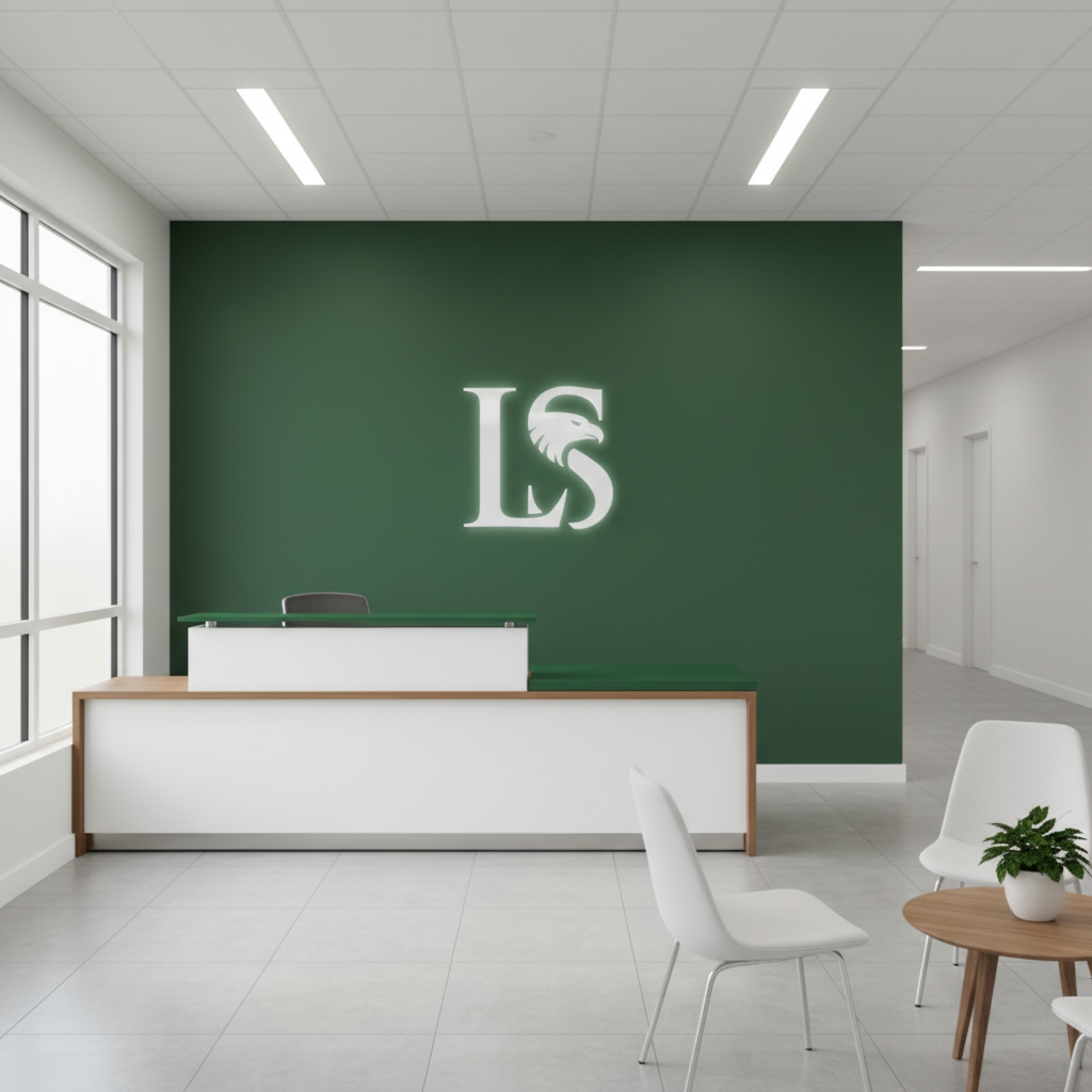 Living Stream office reception with branded green wall