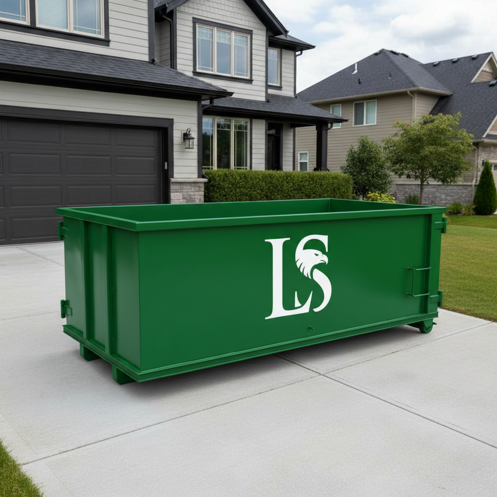 Living Stream green dumpster on a residential driveway