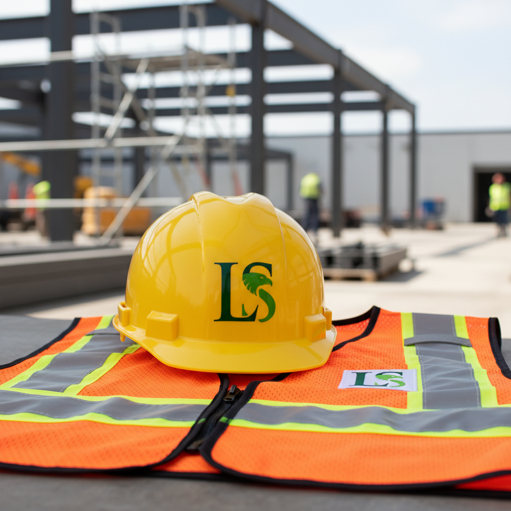 Living Stream branded safety helmet and vest at construction site