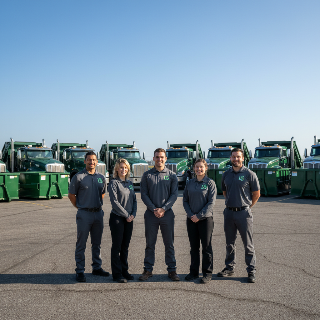 Living Stream Waste Wizards team standing in front of their fleet